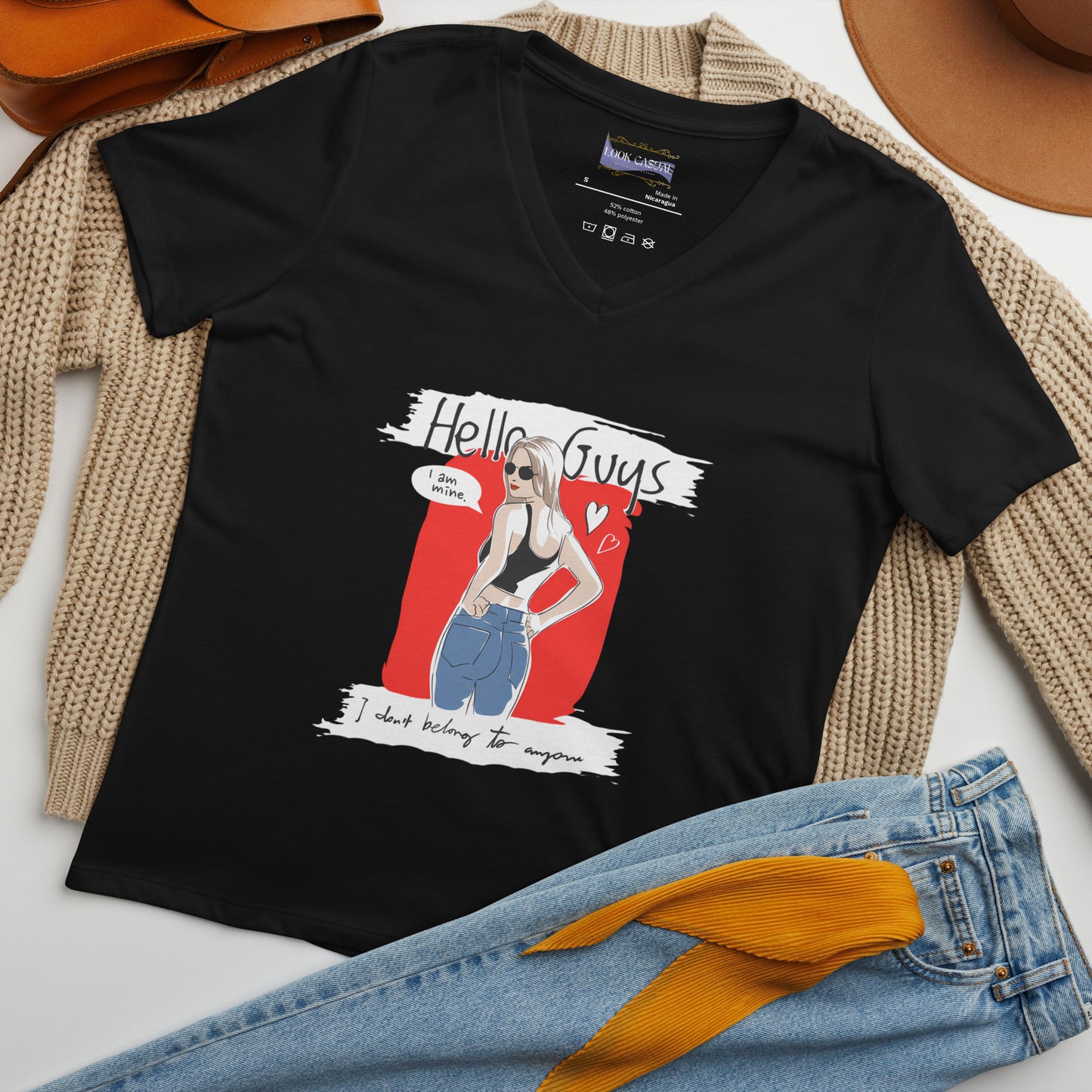 Women's loose V-neck T-shirt Hello Guys