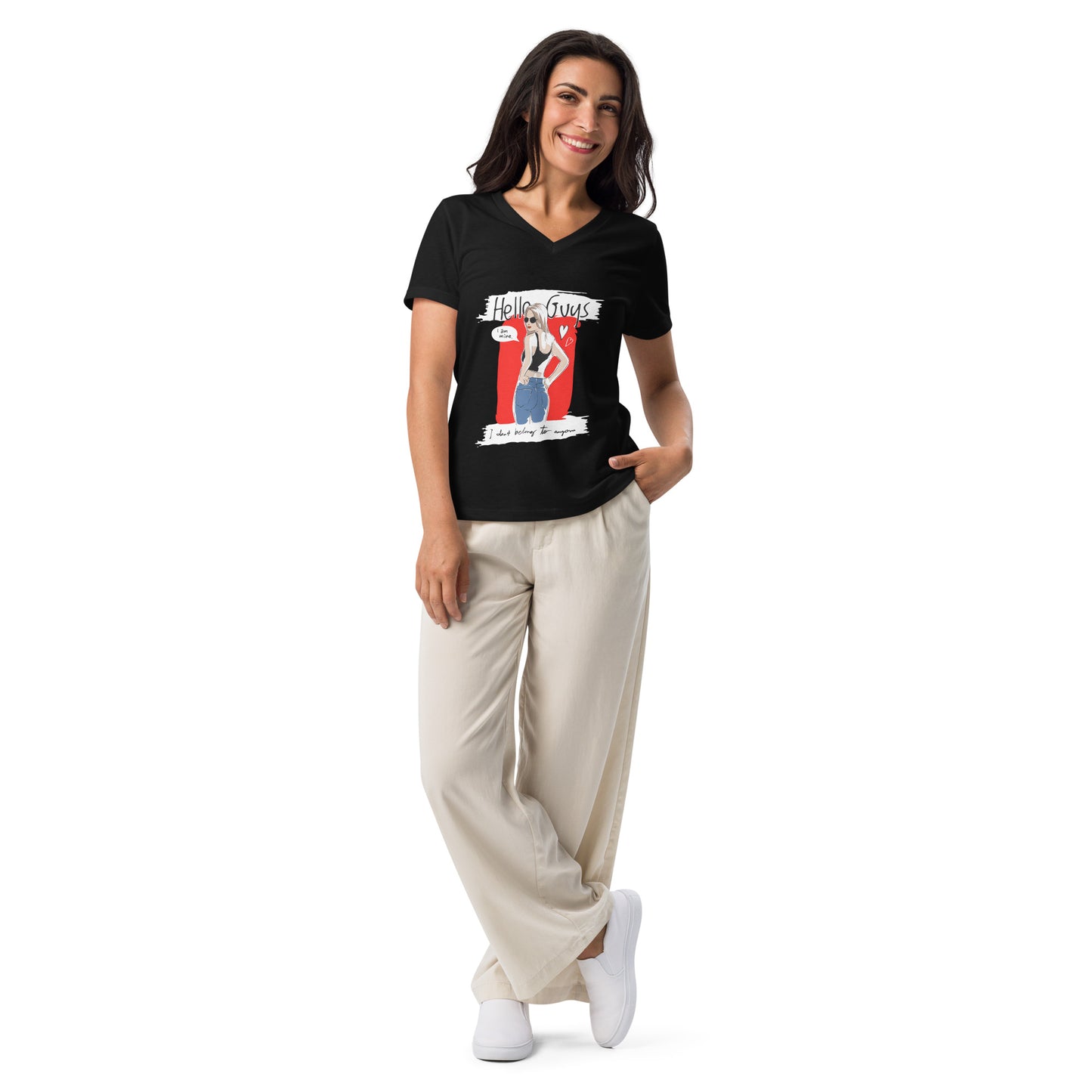 Women's loose V-neck T-shirt Hello Guys