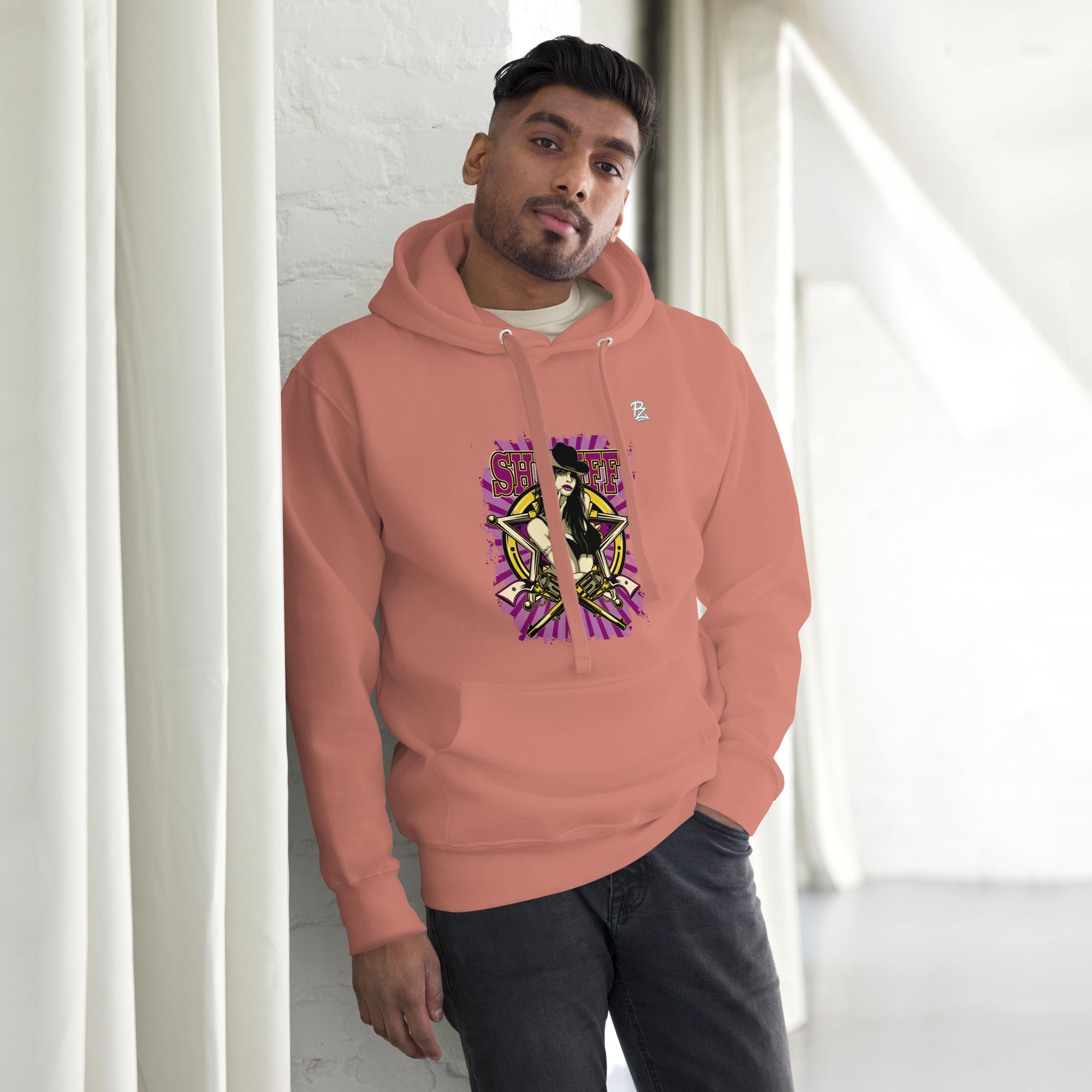 Sudadera con capucha premium unisex, Woman sheriff – Sudaderas Vista lateral